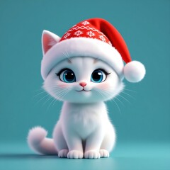 Cute White Christmas Cat in Red Hat