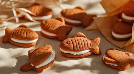 Fish-shaped sandwich cookies w/ cream fill on tan surface, soft lighting