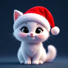 Cute White Christmas Cat in Red Hat