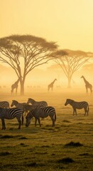 Naklejka premium Zebras and Giraffes in African Savannah at Sunrise Fog