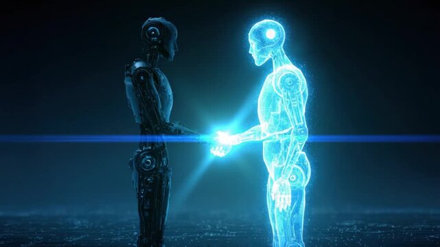 Human and Robot Handshake - Futuristic AI and Human Collaboration Concept