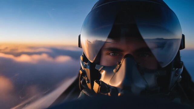 Close-up of a fighter pilot in helmet and mask against a dramatic sky for aviation enthusiasts