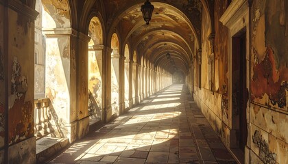 Sunlit Arcade - A Serene Walk Through Architectural Grandeur and Historical Charm.