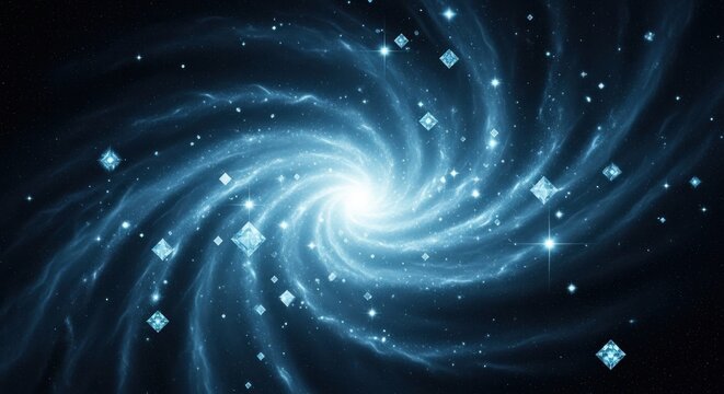 Swirling Blue Galaxy with Diamond Stars and Nebulae