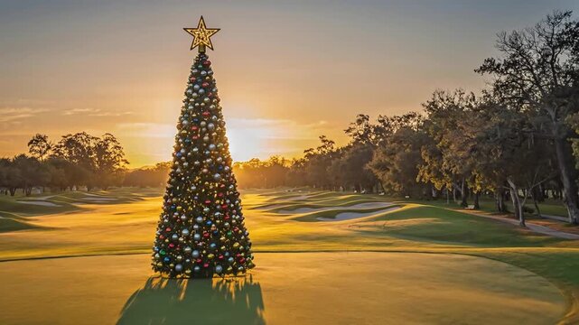Majestic Christmas tree, adorned with festive ornaments, standing proudly on a serene golf course as the sun rises, casting a golden light and creating a unique holiday atmosphere