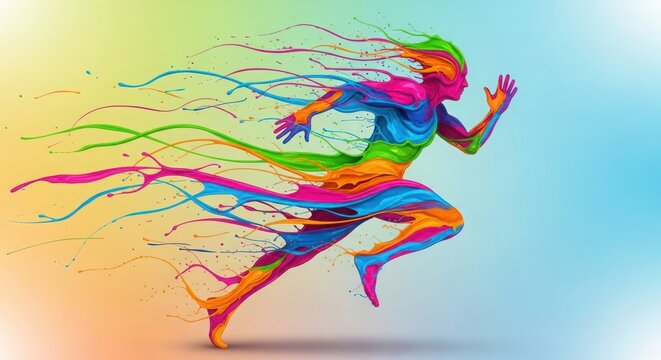 Dynamic abstract runner illustration made of flowing rainbow liquid paint trails isolated on Transparent Background