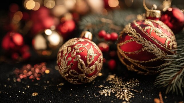 Two red and gold ornaments are on a black background. The ornaments are surrounded by snowflakes and other ornaments