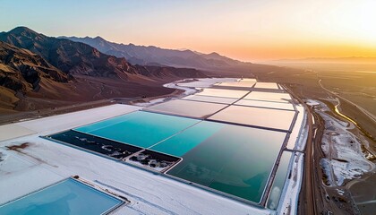 Vast, geometric salt evaporation ponds shimmer with colorful water under a warm sunset, set against a backdrop of rugged mountains and arid terrain.