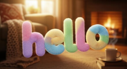 3D Plush Multicolored 'Hello' Text in Cozy Autumn Interior with Fireplace and Coffee isolated on Transparent Background