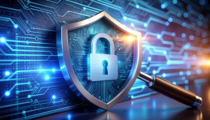 Digital Security Fortress: A visual representation of data security, featuring a shield with a padlock, magnifying glass against a circuit board background, symbolizing secure information.