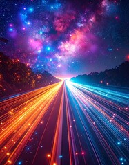 Highway with streaks of light set against a cosmic backdrop
