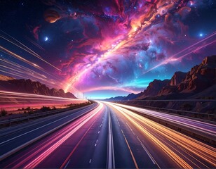 Highway with streaks of light under a colorful, starry nebula sky