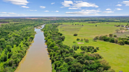 River and Pastureland Aerial &mdash; Wide Rural Landscape