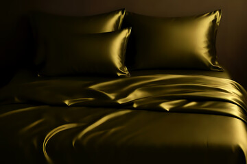 Golden satin bedding with smooth folds and soft highlights creates a warm, luxurious bedroom atmosphere. The rich metallic sheen and deep shadows add elegance, depth, and a refined premium aesthetic.