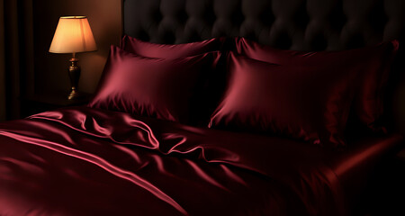 Deep burgundy satin bedding softly illuminated by a warm bedside lamp creates a rich, elegant nighttime atmosphere. Smooth folds, glossy highlights and dark shadows add luxury and depth to the bedroom
