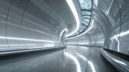 A long, empty, and shiny tunnel with a bright light shining down on it. The tunnel is made of metal and has a futuristic feel to it