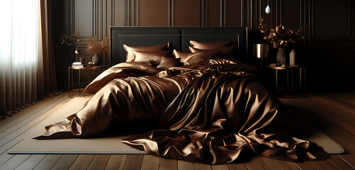 Luxurious bedroom with deep bronze satin bedding, dramatic light, and rich shadow play enhancing the elegant textures and warm metallic tones for a sophisticated, moody interior atmosphere.