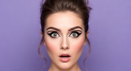 Close up of a surprised woman with dramatic eyeliner against a solid purple colored background