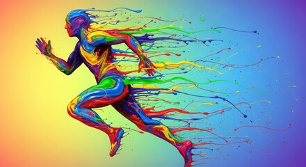 Dynamic Abstract Runner in Motion Made of Vibrant Rainbow Paint Splashes isolated on Transparent Background