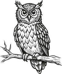 A detailed black and white illustration of an owl perched on a