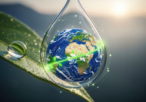 A water droplet encapsulating planet Earth with a glowing green network, symbolizing global environmental sustainability and connectivity, on a green leaf.