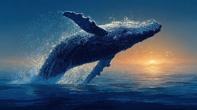 Silhouette of whale breaching ocean surface with water splash, powerful marine vector perfect for energy and nature visuals.