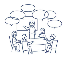 オフィスで会議をするビジネスパーソンのイラスト　線画のみ