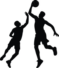 Silhouette of two basketball players competing for the ball in mid air