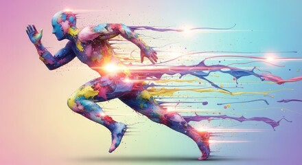 Dynamic Colorful Running Man Abstract Illustration with Speed and Momentum Effect isolated on Transparent Background