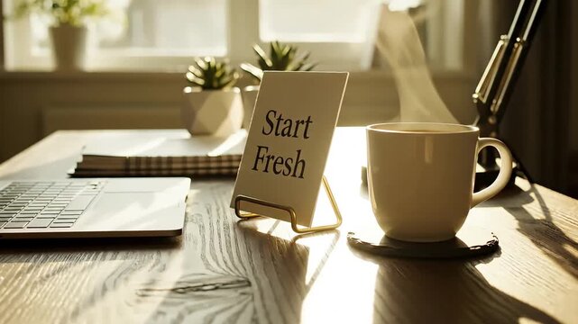 Inspiring Workspace Setup with Start Fresh Message and Morning Coffee.