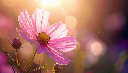 A single pink cosmos flower, backlit by warm sunlight, with a developing bud beside it and a soft, blurred bokeh background.
