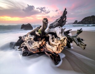 Scenic coastal landscape with a weathered driftwood centerpiece, soft waves, serene beach, and a cloudy sunset