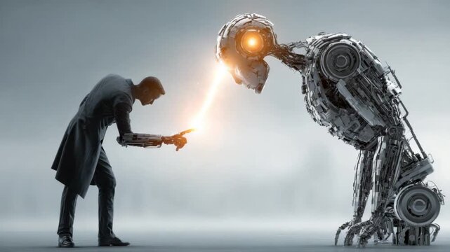 Futuristic AI generated video showing human-robot connection, symbolizing innovation, technology, and artificial intelligence partnership.