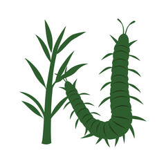 Green caterpillar next to plant in simple natural illustration isolated on white background