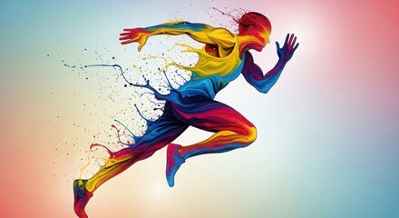 Dynamic Colorful Abstract Running Man or Athlete with Paint Splash Effect isolated on Transparent Background