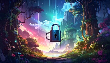 A whimsical scene features a cartoon padlock with arms and legs, floating amidst a vibrant forest with a fantastical landscape in the background