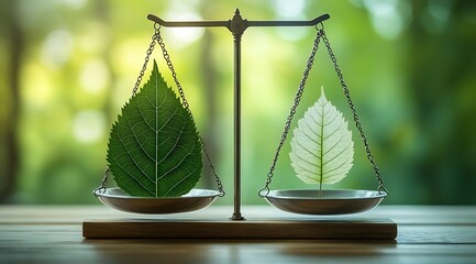 Antique balance scale with green leaves on pans against blurred green nature background