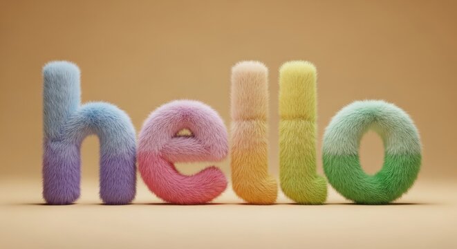 Colorful 3D Render of Fuzzy Furry Text Spelling "Hello" in Pastel Rainbow Gradient Colors isolated on Transparent Background