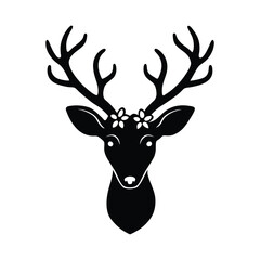 Stylized deer head silhouette with antlers and delicate flowers isolated on white background