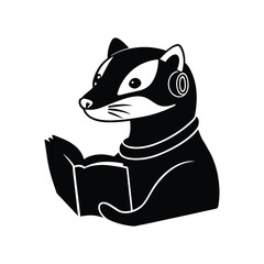 Badger cartoon character reading a book and wearing headphones isolated on white background