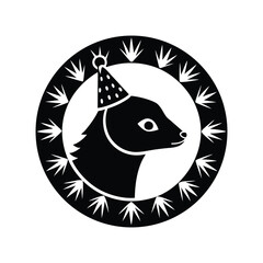 Stylized animal in party hat within decorative circular frame isolated on white background