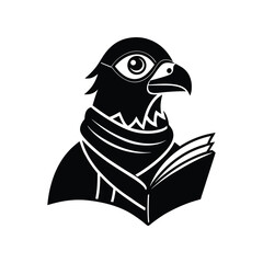 Falcon head wearing scarf reading book, stylized black icon logo isolated on white background