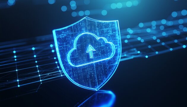 Cloud Protection Shield: A digital shield of cloud service offering security, innovation, and interconnectedness. A sense of technological advancement and global connection.