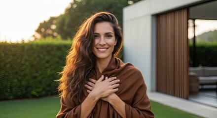 Woman Embraces Herself with Gratitude in Warm Sunset Light Outdoors