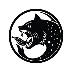 Aggressive stylized wolf head icon with sharp fangs and tongue isolated on white background