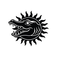 Stylized crocodile head with sun rays emblem tribal design vector isolated on white background
