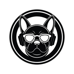 Cool french bulldog wearing sunglasses and headphones logo design isolated on white background