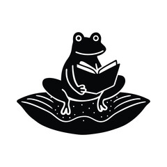 Black illustration of a frog reading an open book on a lily pad. isolated on white background