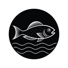 Hand drawn vintage fish swimming over waves in a circular emblem design isolated on white background
