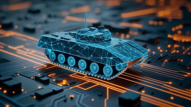 Futuristic digital tank model on a circuit board background for technology and innovation concepts